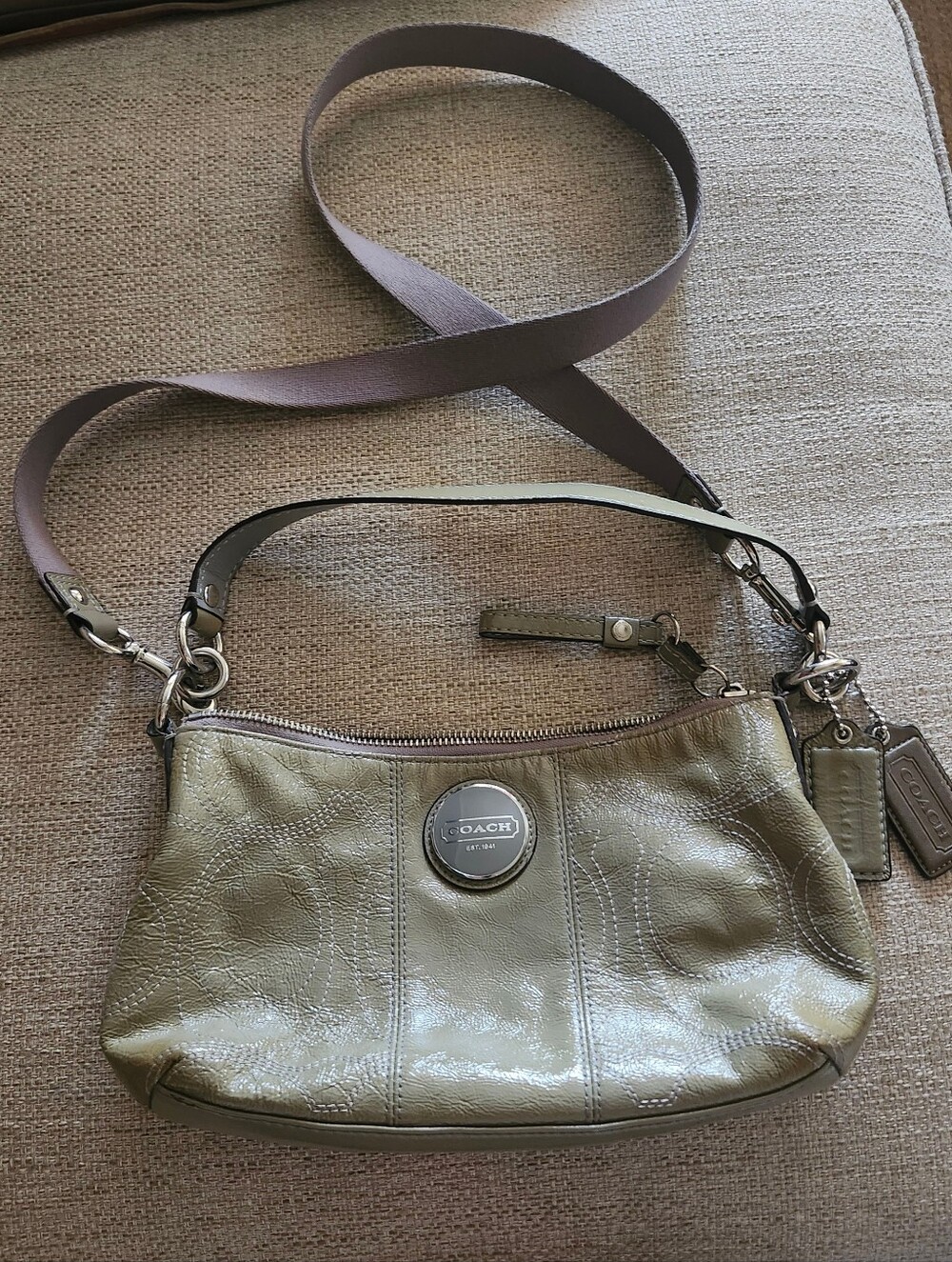 olive Green patent leather Coach Signature hobo crossbody purse